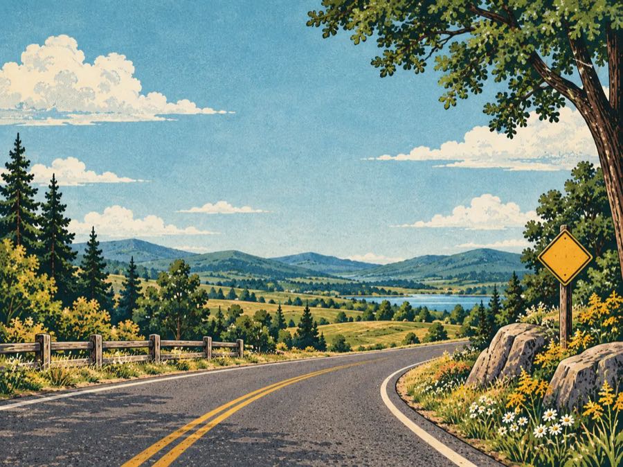 Illustration of a two-lane country road curving past a wooden fence, pine trees and wildflowers toward a lake and blue hills.