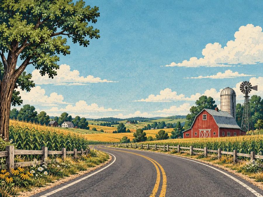 Road Trip Bingo illustration: a country road winding past cornfields toward a red barn and silo.