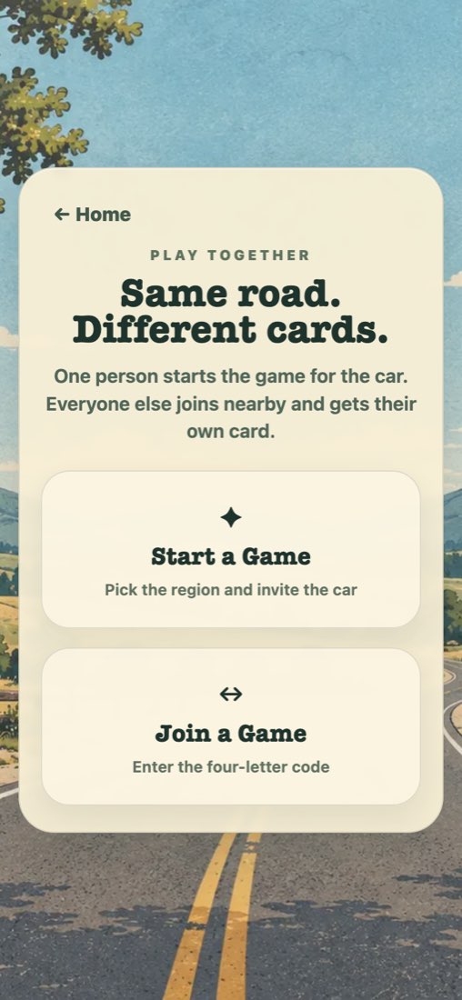 Play Together screen on iPhone: Same road. Different cards. With Start a Game and Join a Game buttons.